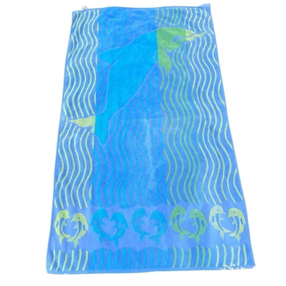 Vintage Mervyn’s Dancing Dolphin Waves Cotton Beach Towel Blue Green 36x64 FLAWS
